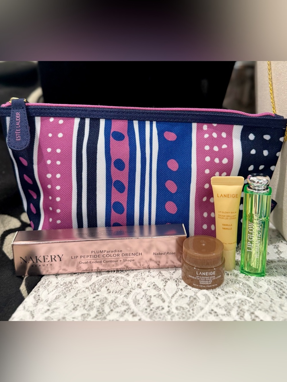 Estee Lauder Pink & Blue Striped Cosmetic Pouch w/ Bundle